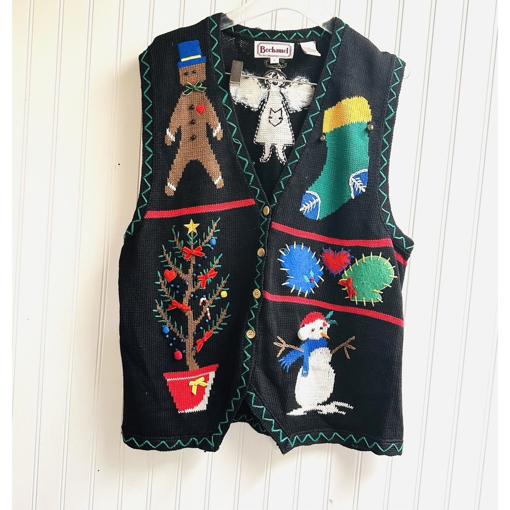 Vintage Bechamel Women's Christmas Sweater Vest Large Snowman Embroidered Artsy